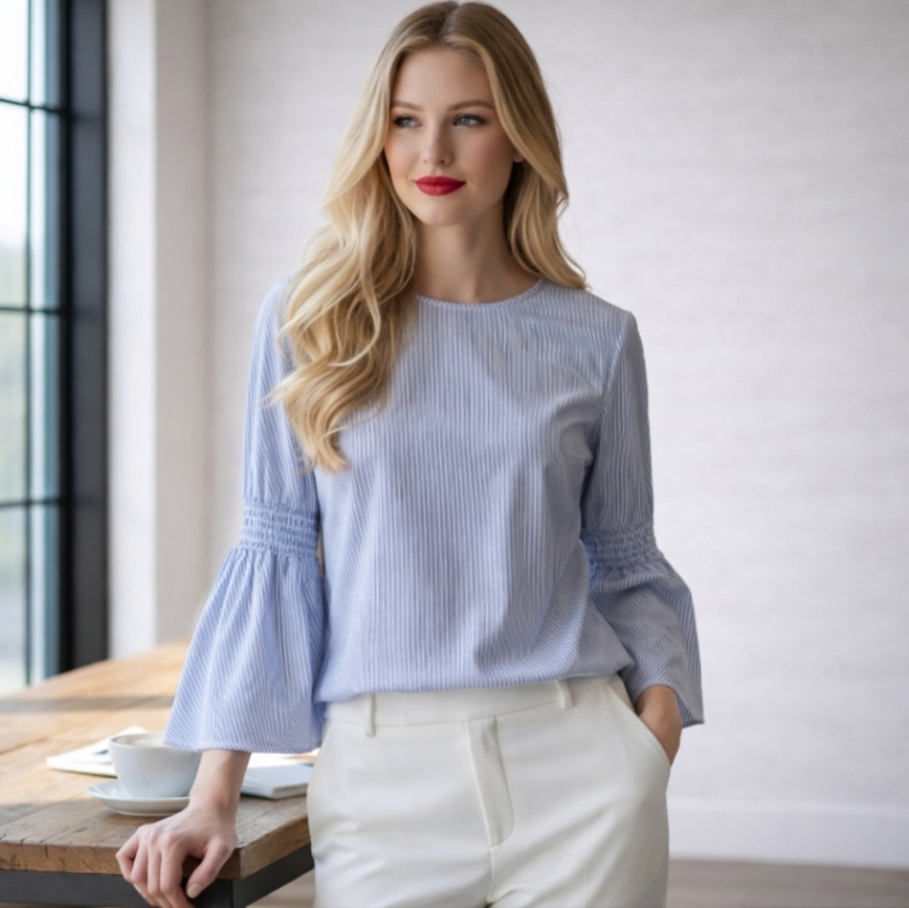 beachlunchlounge Blue Pinstriped Bell Sleeve Cotton Blouse Size M